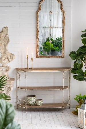 3 Tiered Wooden Shelving Unit With Ornate Iron Frame - Multicolor