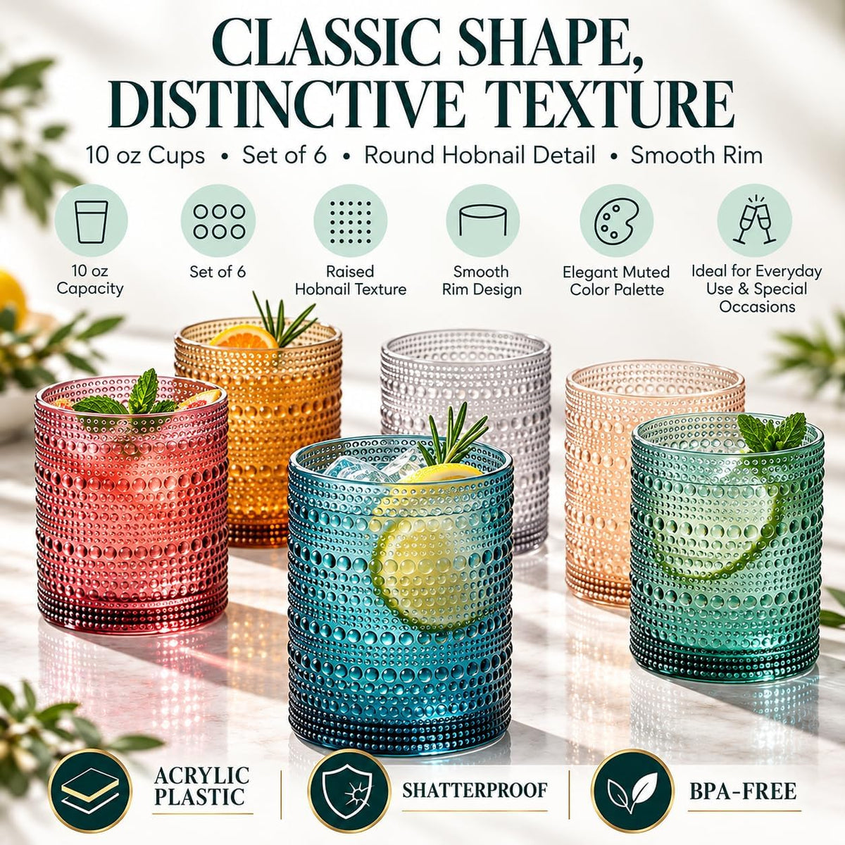 Plastic Hobnail Drinking Glasses Set of 6 Neutral Tones Cups 10oz