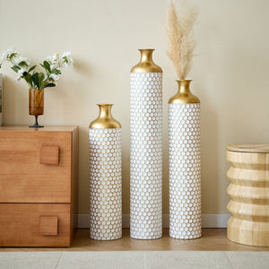 3 Piece Large Glazed Floor Vase Set - Gold and White