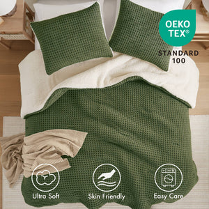 3 Pieces Full/Queen Waffle Knit Chenille Comforter Set in Olive