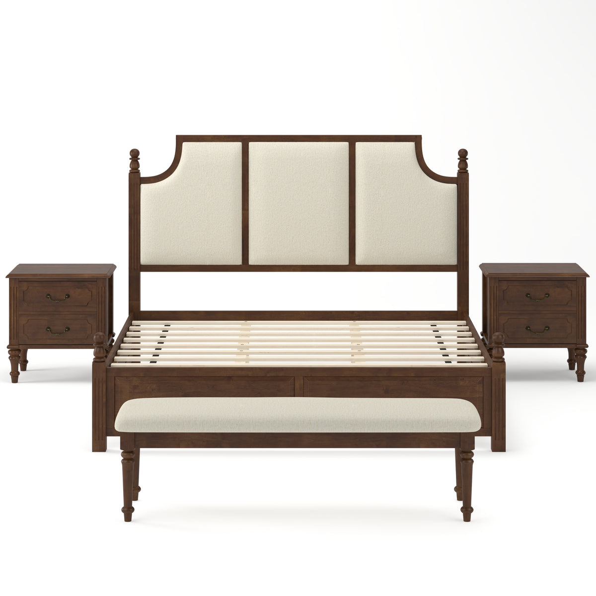 4-Piece King Bedroom Set with Fluted Bed, 2 Nightstands, Bench, Walnut
