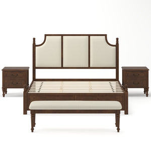 4-Piece King Bedroom Set with Fluted Bed, 2 Nightstands, Bench, Walnut