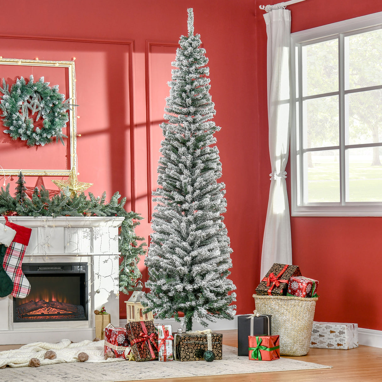 HOMCOM 7.5' Tall Unlit Snow-Flocked Slim Artificial Christmas Tree