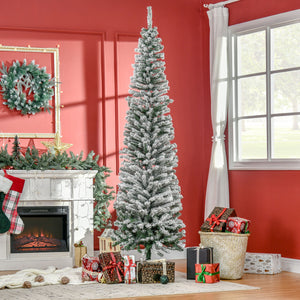 HOMCOM 7.5' Tall Unlit Snow-Flocked Slim Artificial Christmas Tree