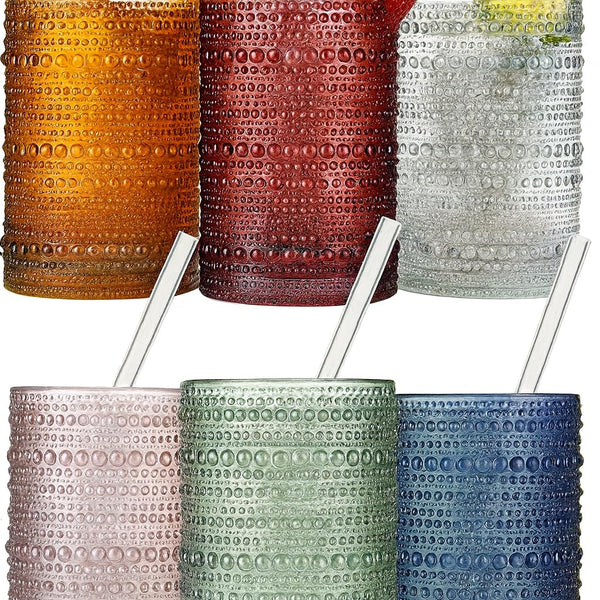 Khen Hobnail Drinking Glasses with Straws | Muted Colors | Set of 6