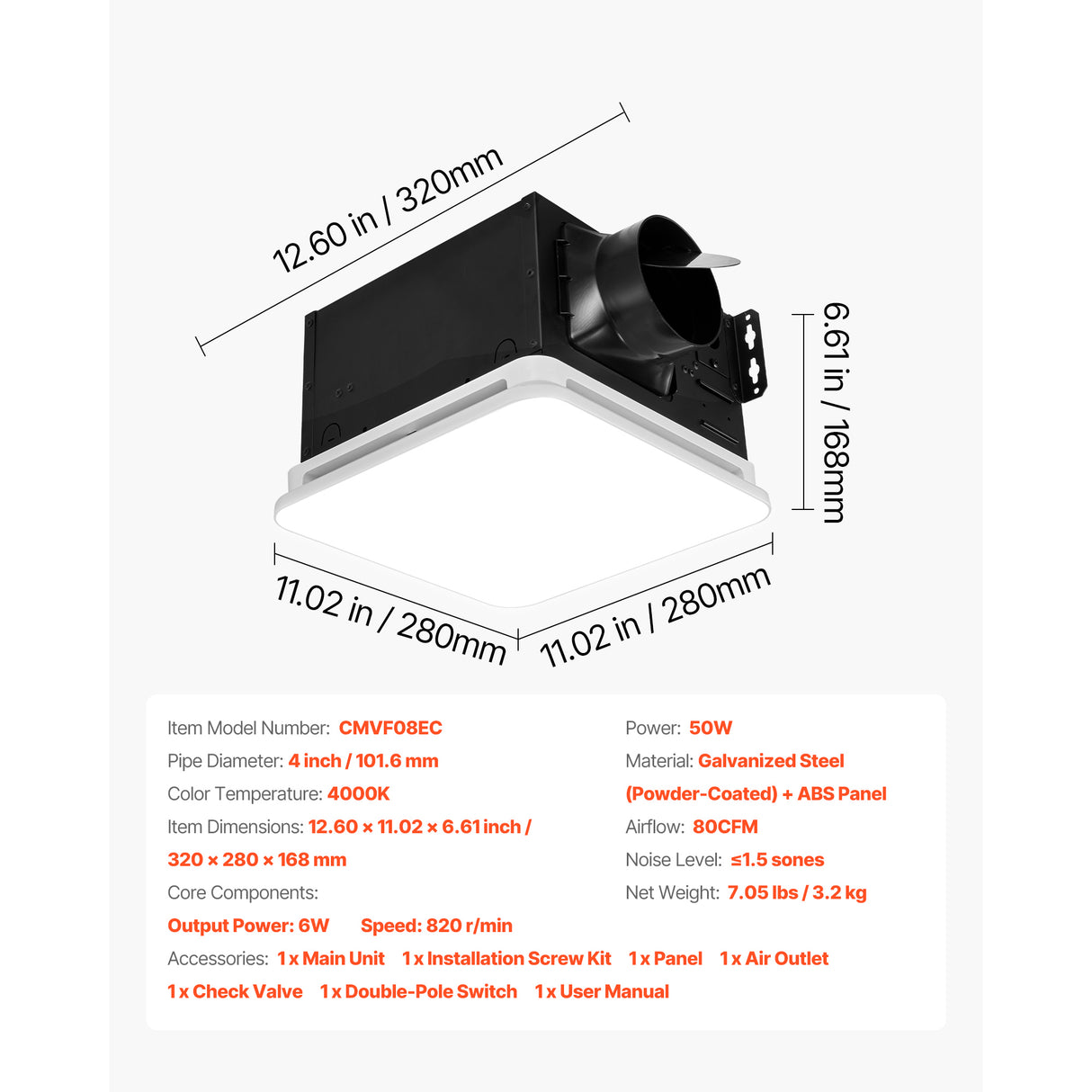Bathroom Exhaust Fan with LED Light, 80 CFM, Low Noise