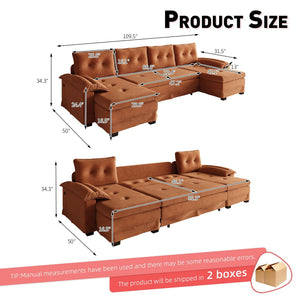 U-Shaped Sleeper Sofa With Pull Out Bed, Removable Armrests & USB Ports For Living Room