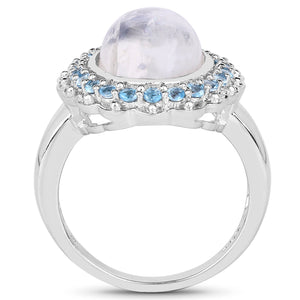 7.21 Carat Genuine White Rainbow Moonstone & Swiss Blue Topaz .925 Sterling Silver Ring