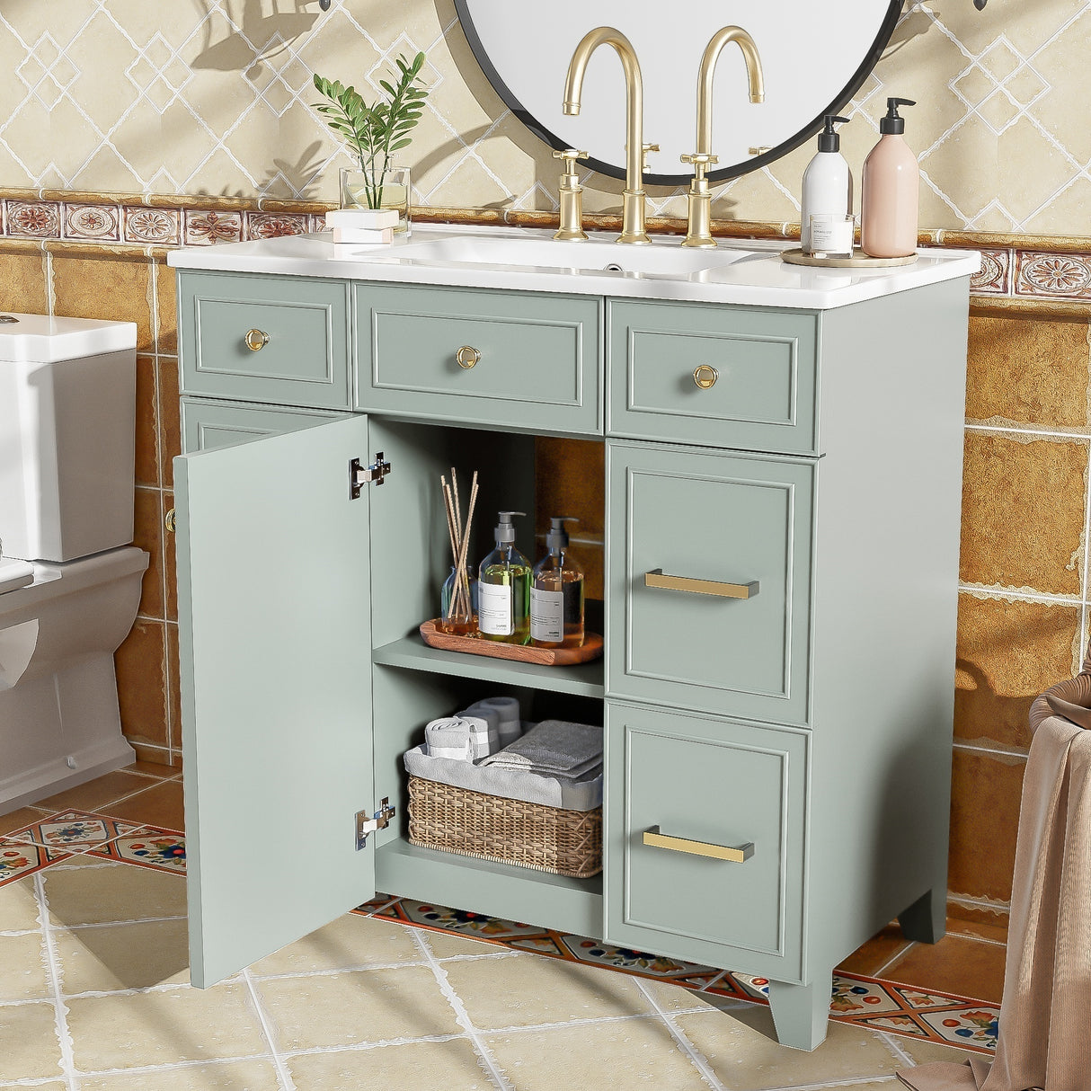 36" Green Bathroom Vanity with Ceramic Sink