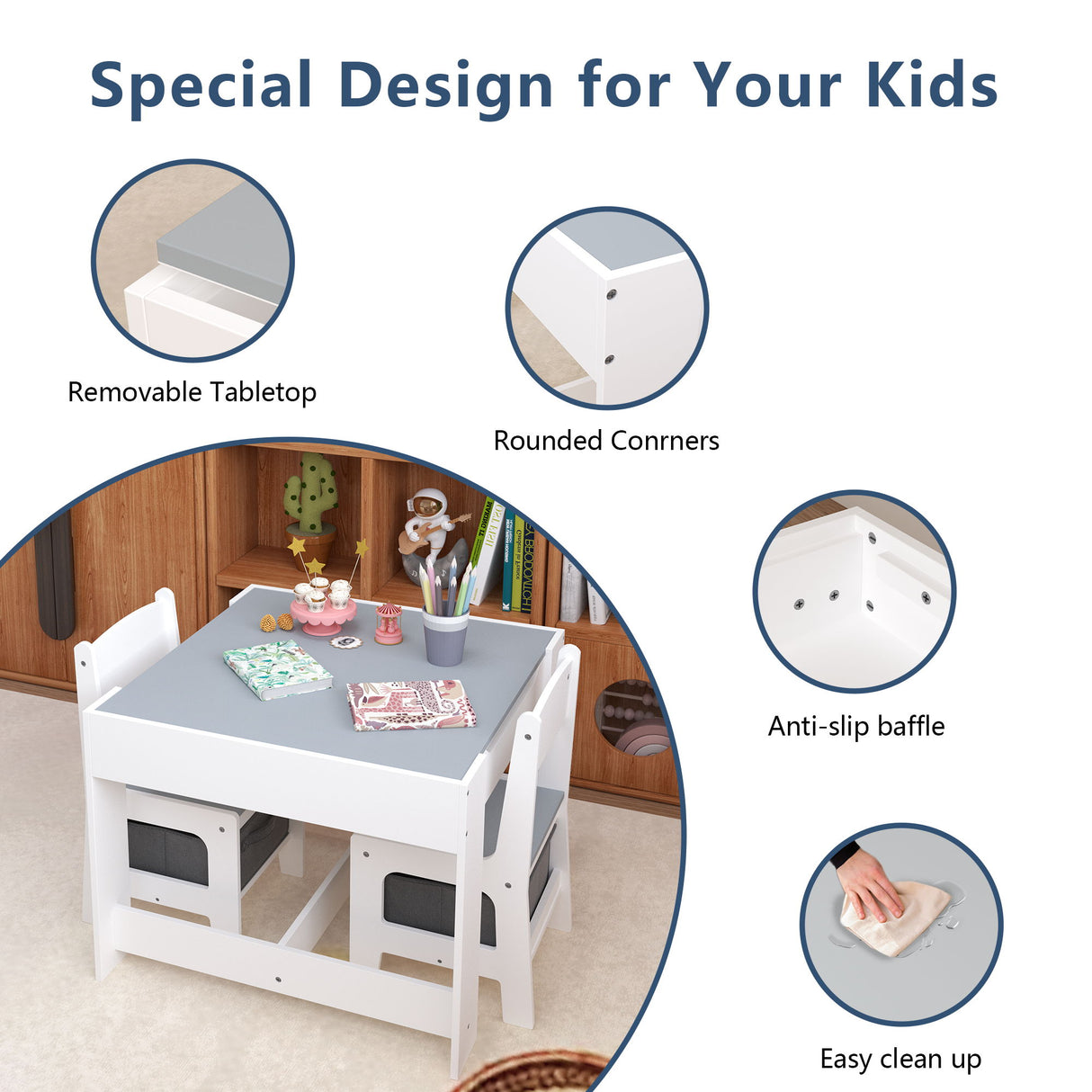 Kids Table And Chair Set, 3 In 1 Activity Table With Storage Drawer For Toddlers Drawing, Reading, Crafts, 2 In 1 Detachable Top - White