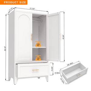 60" Tall Metal Wardrobe Cabinet with Drawer and Hanging Rod