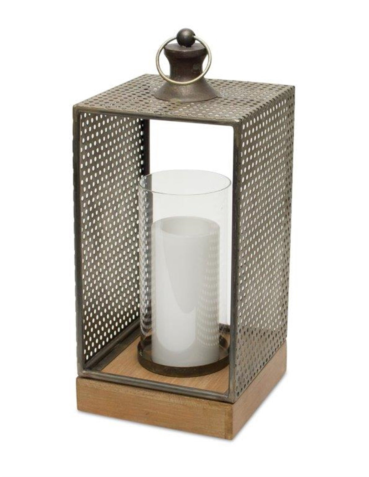 Punched metal candle holder with wooden base 17.25"h