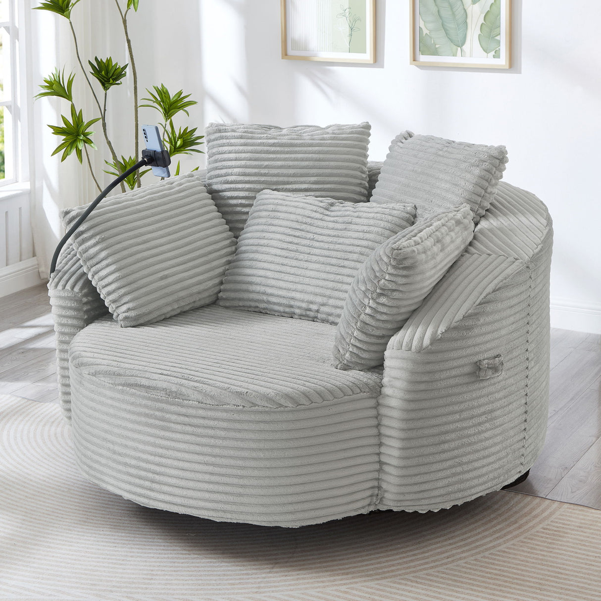Swivel Accent Barrel Chair With Adjustable Phone Holder, 5 Pillows For Living Room