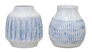 Ribber-ceramic-vase-with-washed-blue-finish-(set-of-2)-Vases