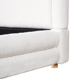 King Size Bed Frame With Boucle Upholstered Thick Curved Headboard, Solid Wood Legs