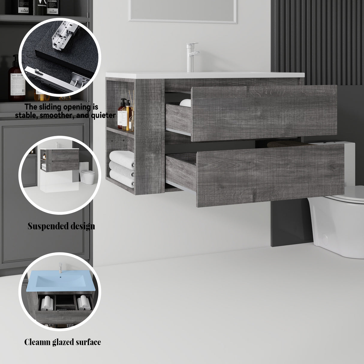 36 Inch Floating Bathroom Vanity with Sink, Soft-Close Door, Ceramic Sink, Plywood