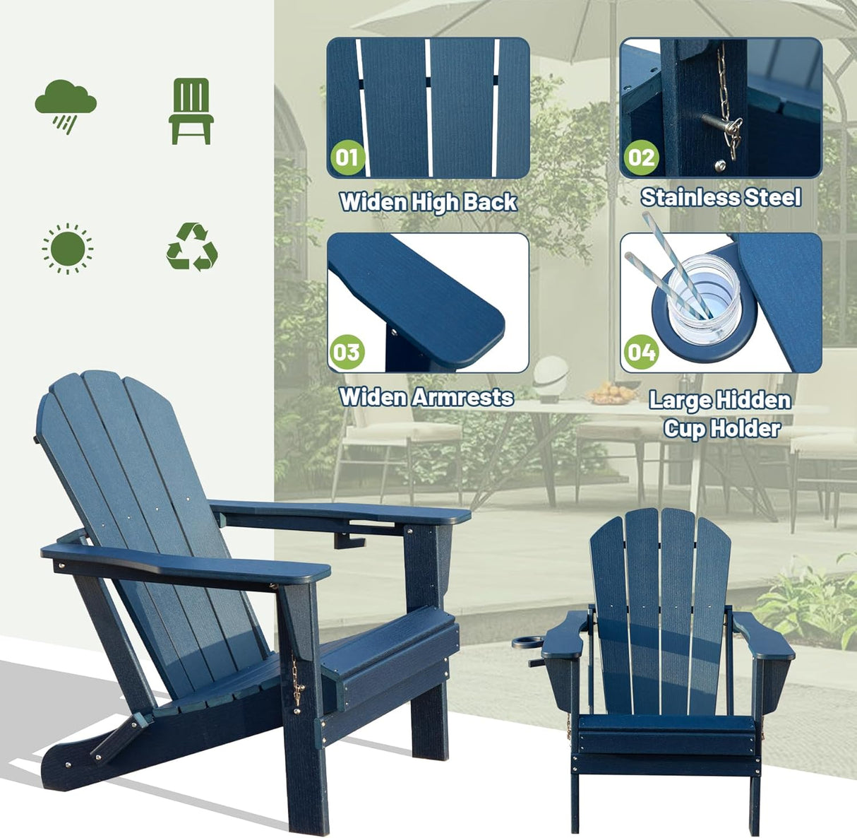 Adirondack Chair with Foldable Design and Built-In Cup Holder