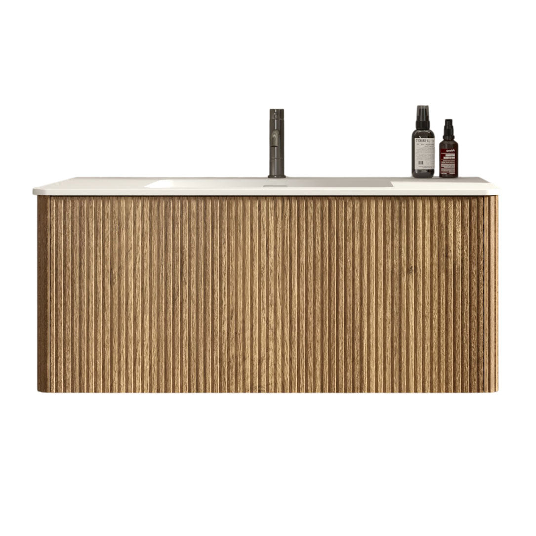 Etna 36-Inch Bathroom Vanity, Oak Striped with White Solid Surface Sink