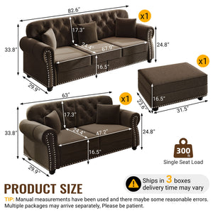 Upholstered Sofa Set With Nailhead Trim And Rolled Armrests, Includes Pillows