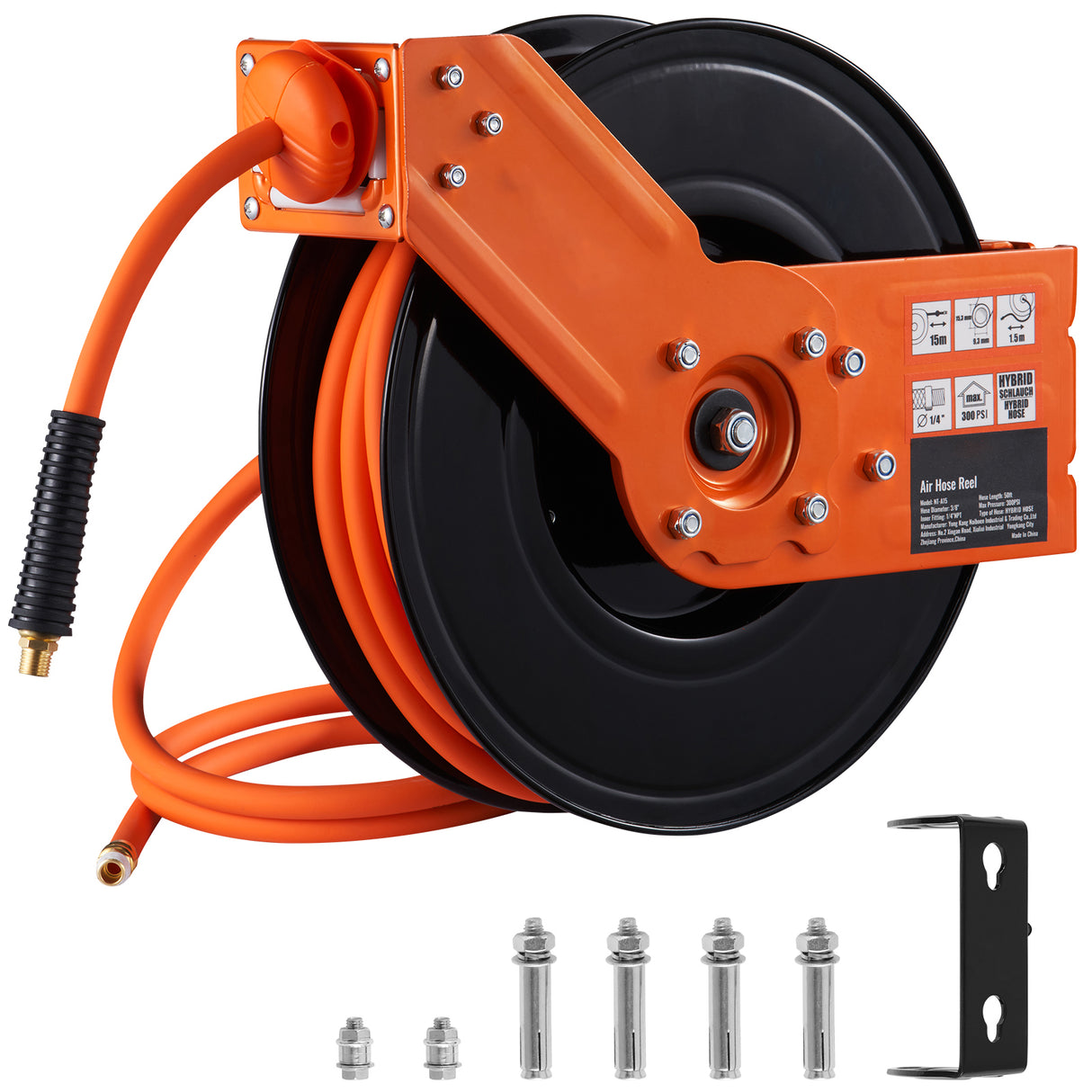 Retractable Air Hose Reel with 3/8 IN x 50 FT Hybrid Hose, Max 300 PSI