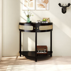 Boho Rattan Semi Circle End Table With Sliding Rattan Door, Storage And Bottom Shelf