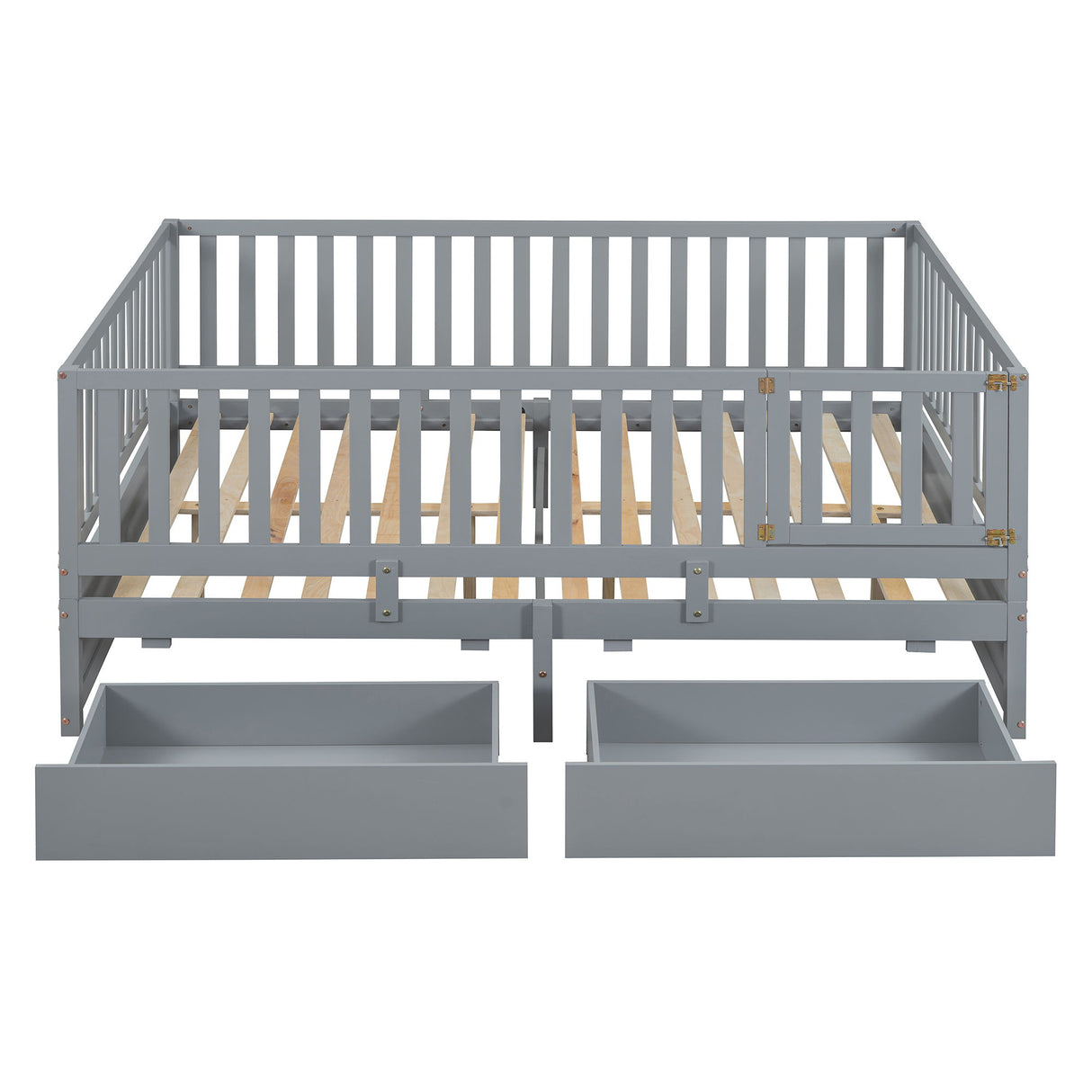 Daybed With Fence Guardrails And 2 Drawers, Split Into Independent Floor Bed & Daybed