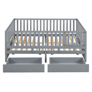 Daybed With Fence Guardrails And 2 Drawers, Split Into Independent Floor Bed & Daybed
