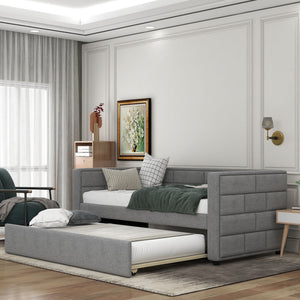 Upholstered Twin Size Daybed With Trundle, Padded Back And Sides - Gray