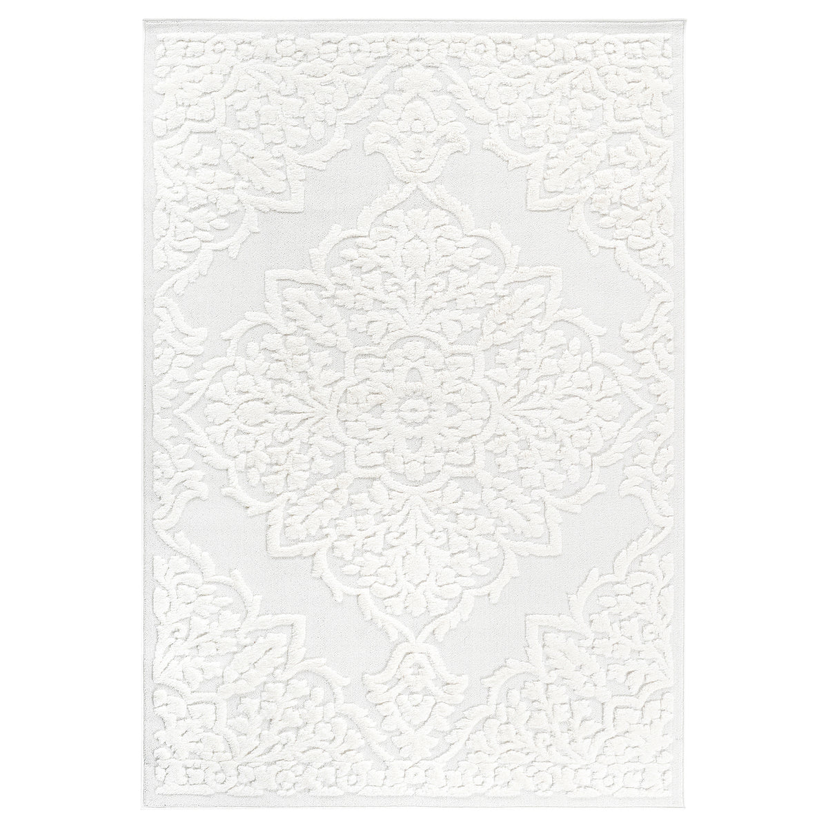 Cream Medallion Area Rug with High-Low Pile - 6'7" x 9"