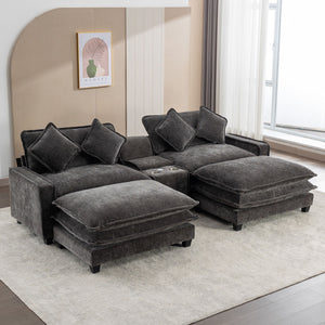 Modern Sectional Sofa With Removable Ottomans, USB Ports