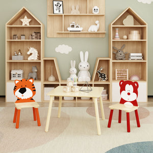 Table And 2 Chairs Set, Activity Play Table Set With Bear & Tiger Design - Natural