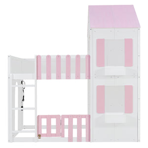 Full over Full House Bunk Bed with Storage - Pink
