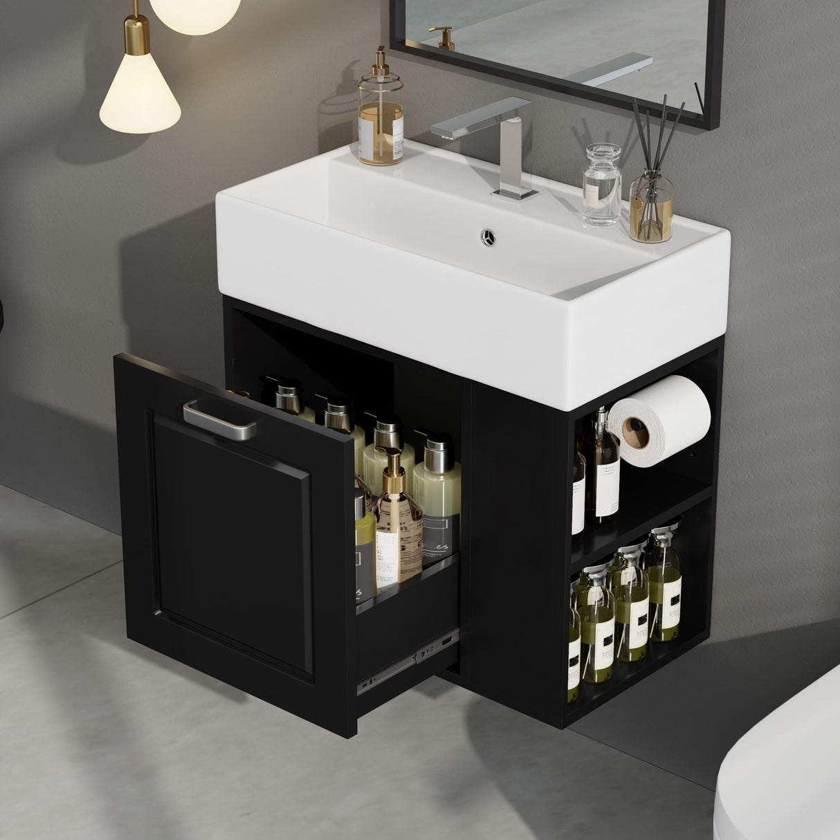 Modern Wall Mounted Bathroom Vanity With Sink, Soft Close Drawer, Adjustable Shelf, Toilet Paper Holder - Best Buy Furniture