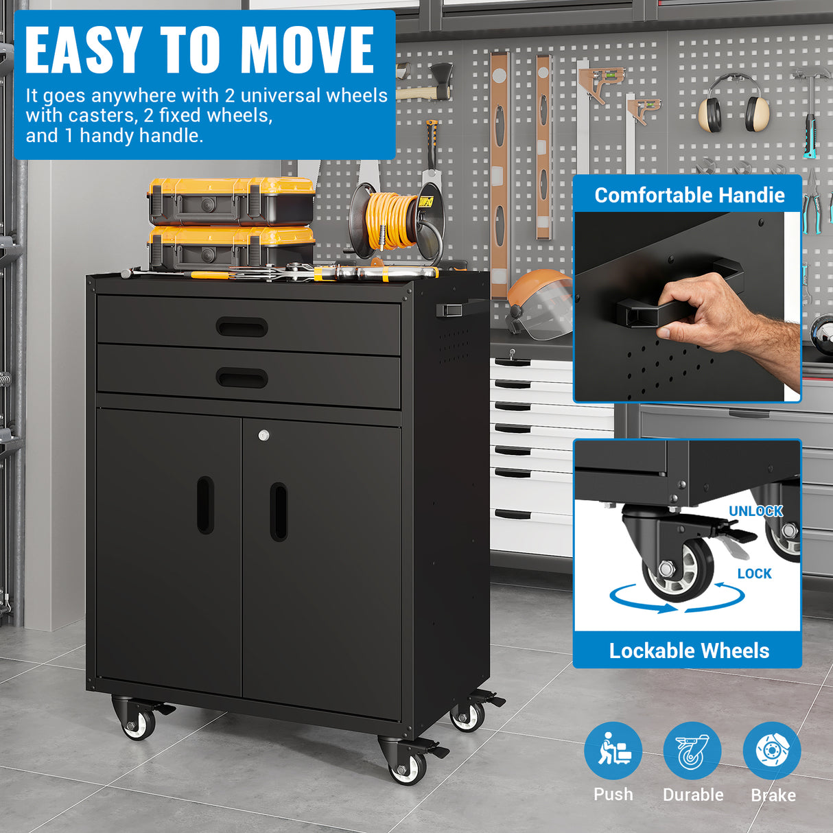 Metal Tool Garage Storage Cabinet with 2 Drawers and 2 Doors, with Wheels and Lock