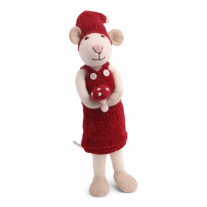 Felt Figurine - Winter Mouse with Mushroom (White) - Large