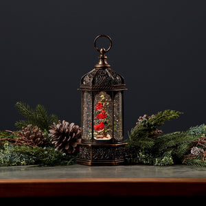 LED Snow Globe Lantern with Cardinal Bird Branch 13"H