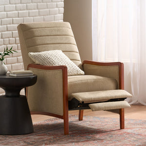 Mid Century Modern Fabric Channel Stitch Wood Pushback Recliner