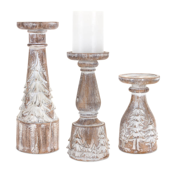 White-washed-carved-pine-tree-design-candle-holder-(set-of-3)-Candle-Holders