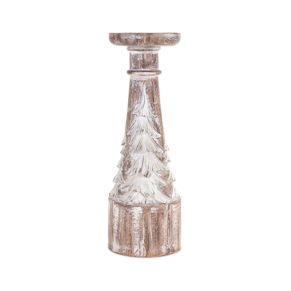 White washed carved pine tree design candle holder (set of 3)