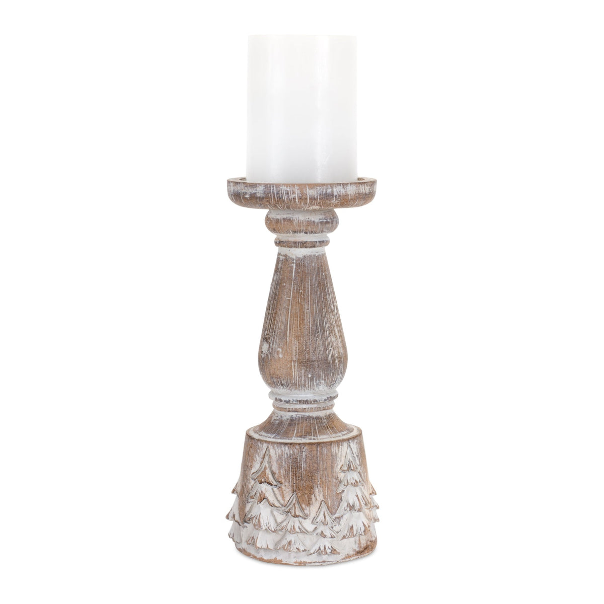 White washed carved pine tree design candle holder (set of 3)
