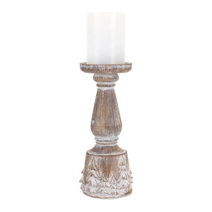 White washed carved pine tree design candle holder (set of 3)