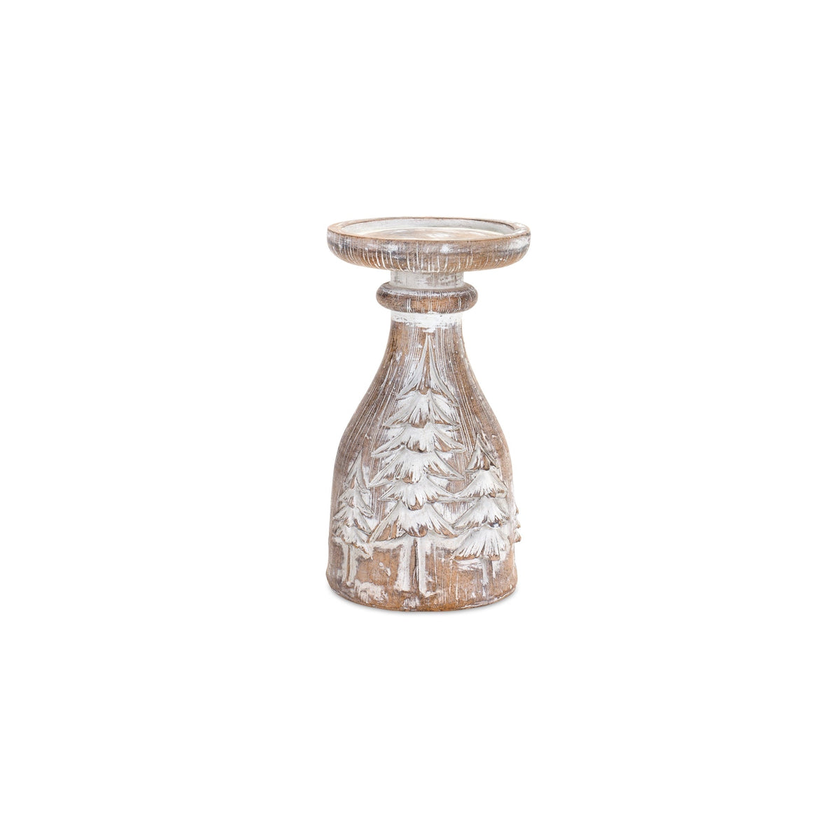 White washed carved pine tree design candle holder (set of 3)