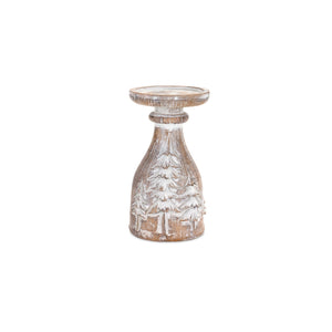 White washed carved pine tree design candle holder (set of 3)