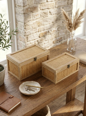 Set of 2 Woven Rattan Decorative Boxes