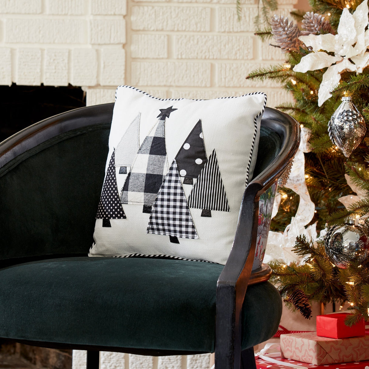 Black and White Holiday Tree Throw Pillow 15" Square