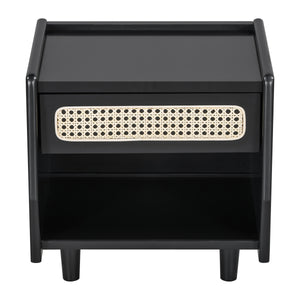 Black Nightstand with Rattan Detail