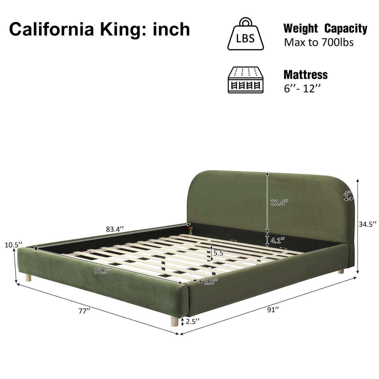 California King Size Upholstered Bed Frame With Velvet Fabric And Curve Design Thick Headboard, Solid Wood Legs, Olive