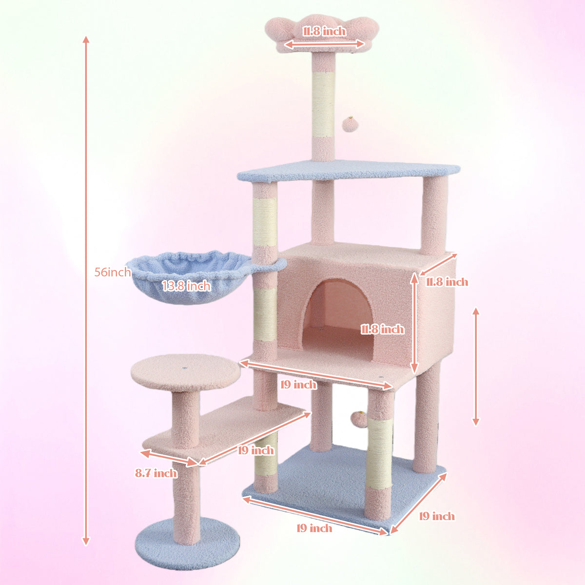 Flower Cat Tree with Large Condo, Removable Cushion and Hammock, 56-Inch, Pink