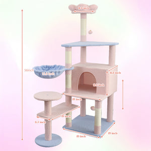 Flower Cat Tree with Large Condo, Removable Cushion and Hammock, 56-Inch, Pink