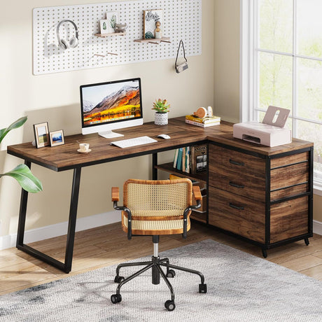 L-Shaped Computer Desk With 3 Drawers and Storage Shelves